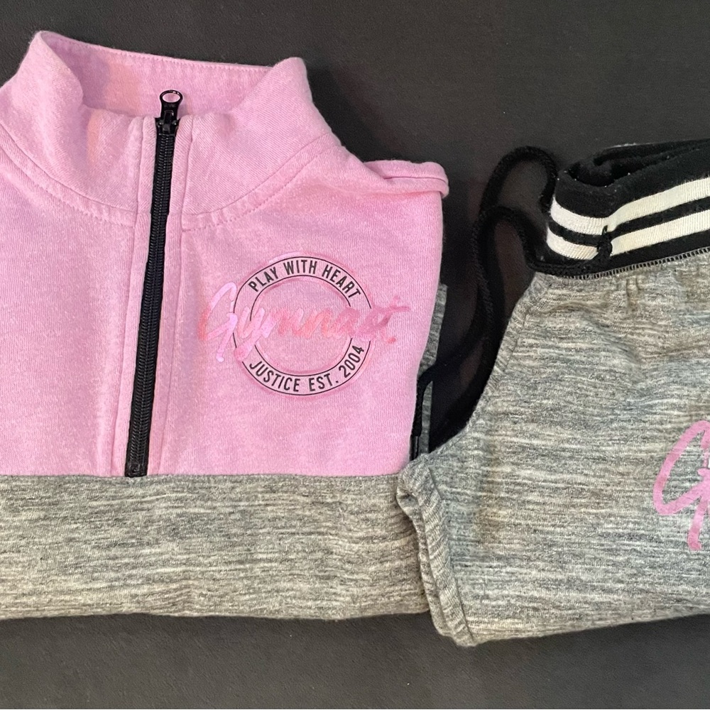 Justice Gymnastics Pink and Gray Zip-Up Activewear.